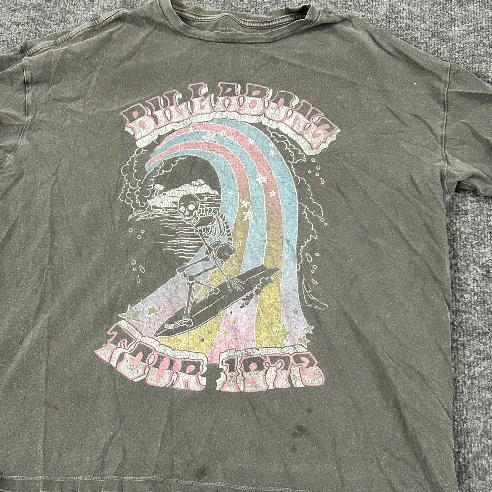 Billabong T-Shirt Womens Size S Gray Skeleton Surfer Tour 1973 Graphic Boxy Tee